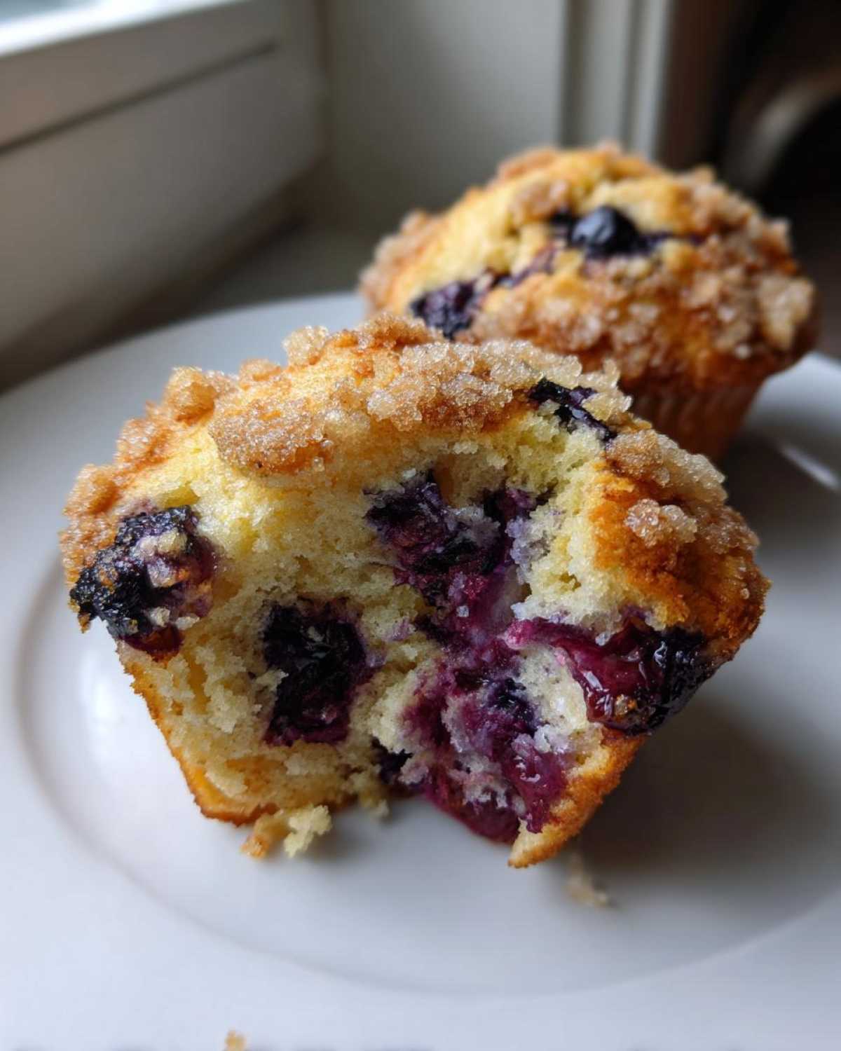 Close-up of a fluffy blueberry muffin cut in half, revealing moist interior and juicy berries, topped with streusel.
