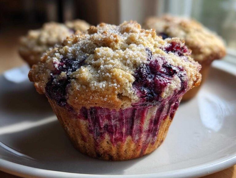 Close-up of a fluffy blueberry oatmeal muffin topped with coarse sugar, showing juicy berries bleeding into the sides.