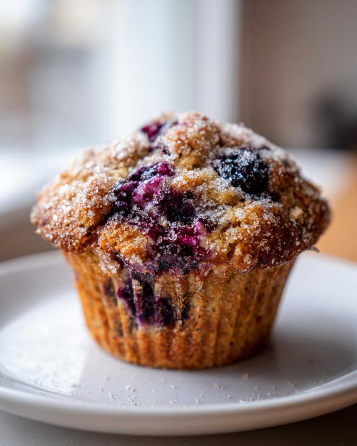 A single, fluffy blueberry oatmeal muffin topped with coarse sugar crystals sits on a white plate.