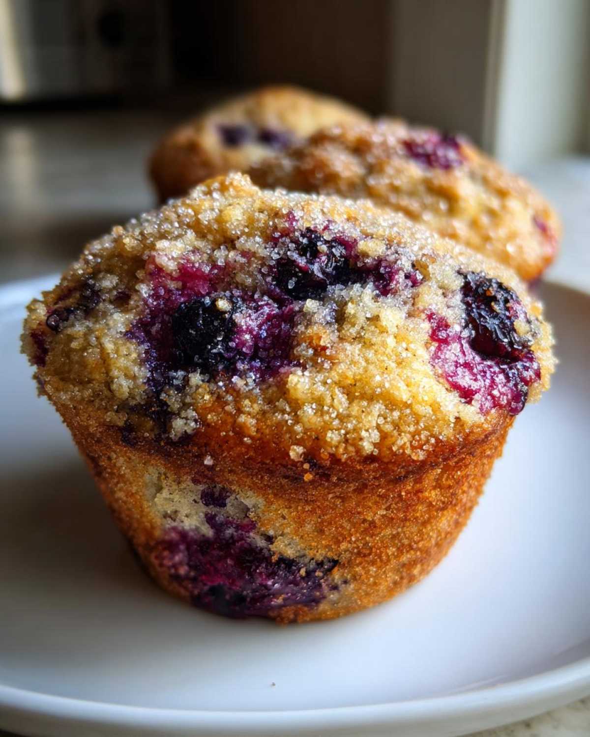 A close-up of a fluffy blueberry oatmeal muffin topped with coarse sugar crystals.