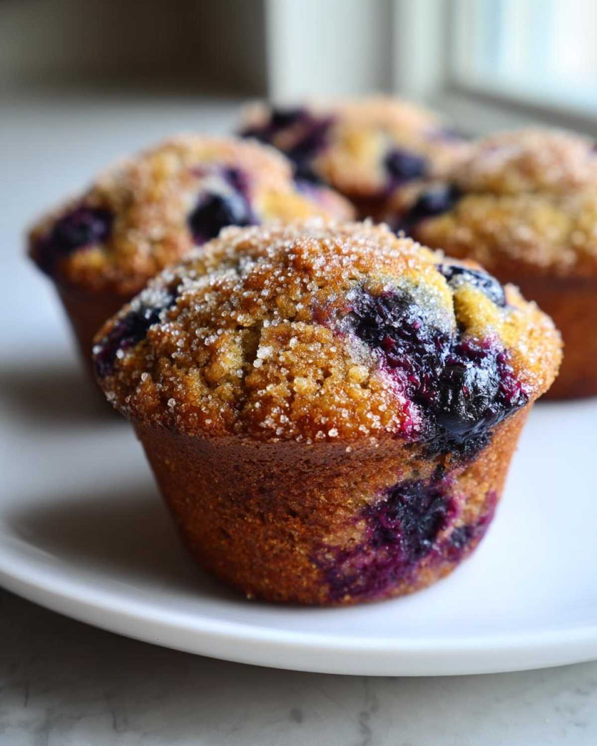 Close-up of a fluffy blueberry oatmeal muffin topped with coarse sugar crystals, sitting on a white plate.