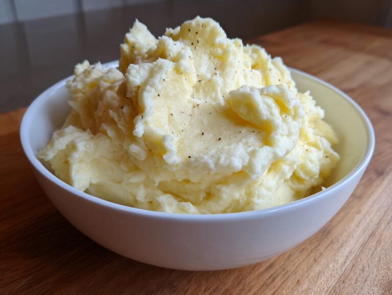 A close-up of creamy, fluffy Boursin mashed potatoes seasoned with black pepper, served in a white bowl.