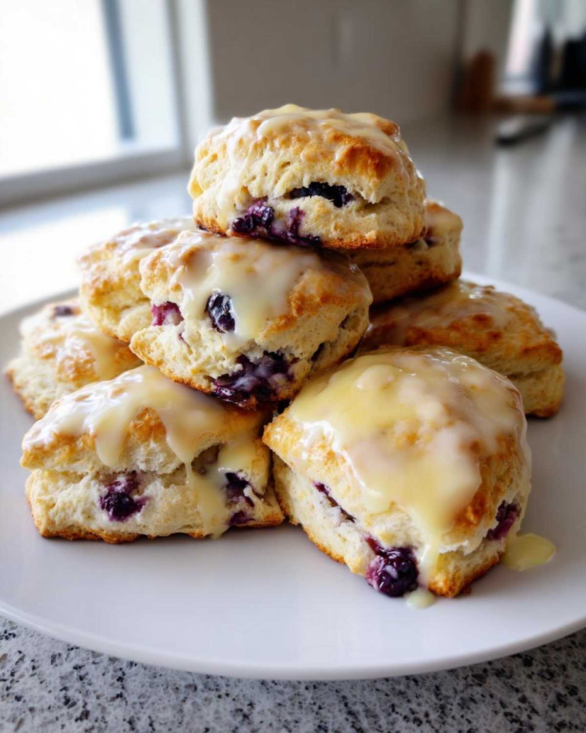 A stack of fluffy lemon blueberry scones topped with a thick, dripping lemon glaze, sitting on a white plate.