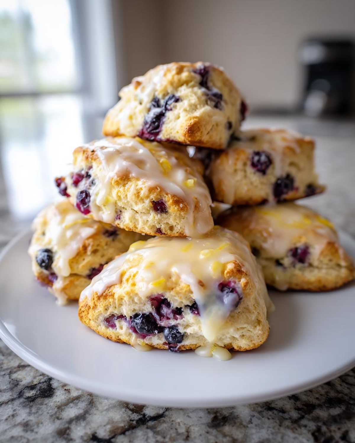 A stack of fluffy lemon blueberry scones drizzled with a thick lemon glaze, sitting on a white plate.