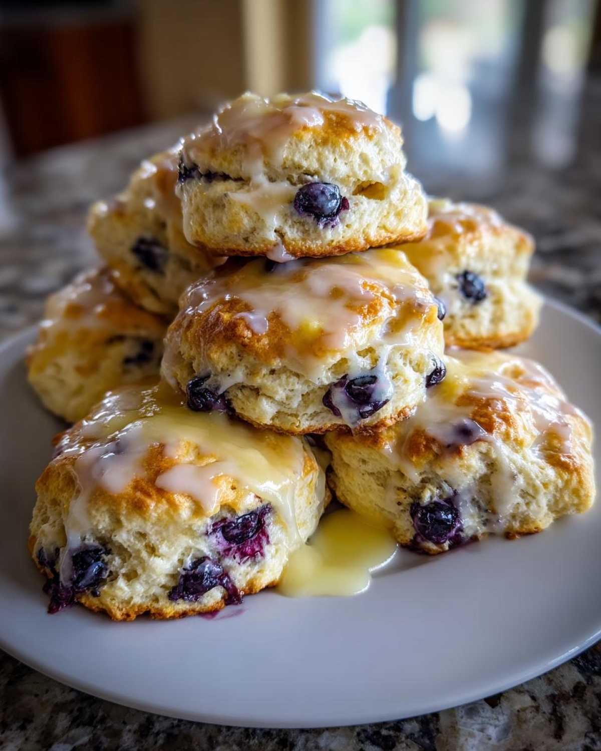 A stack of fluffy lemon blueberry scones generously topped with a sweet, dripping lemon glaze.