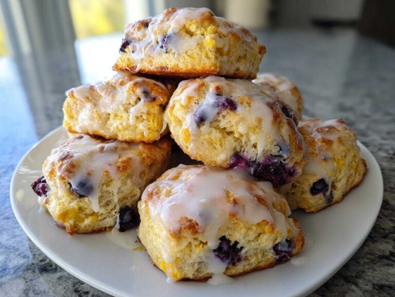 A stack of fluffy lemon blueberry scones generously topped with a white lemon glaze, served on a white plate.