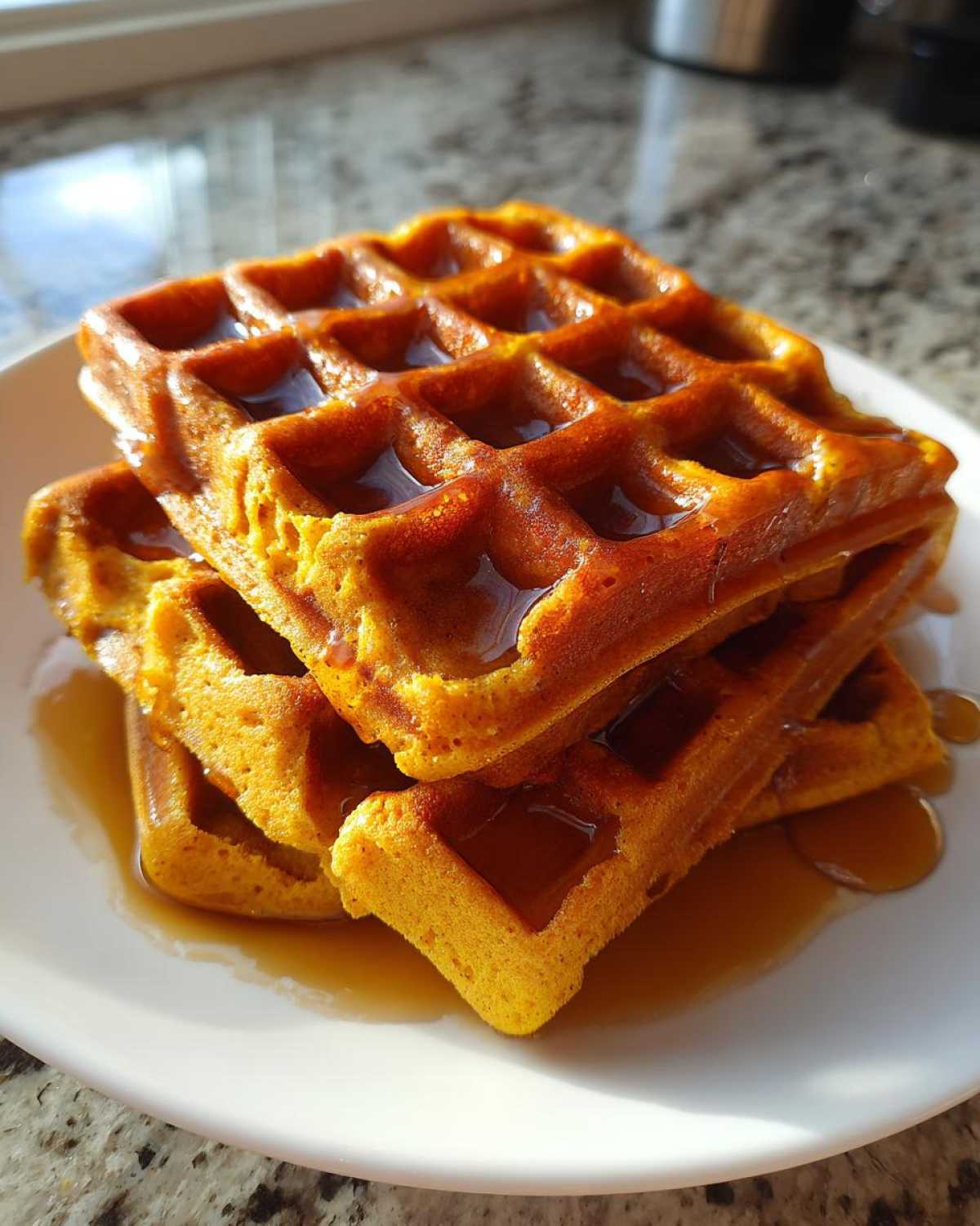 Close-up of a stack of three fluffy pumpkin waffles drizzled generously with maple syrup on a white plate.