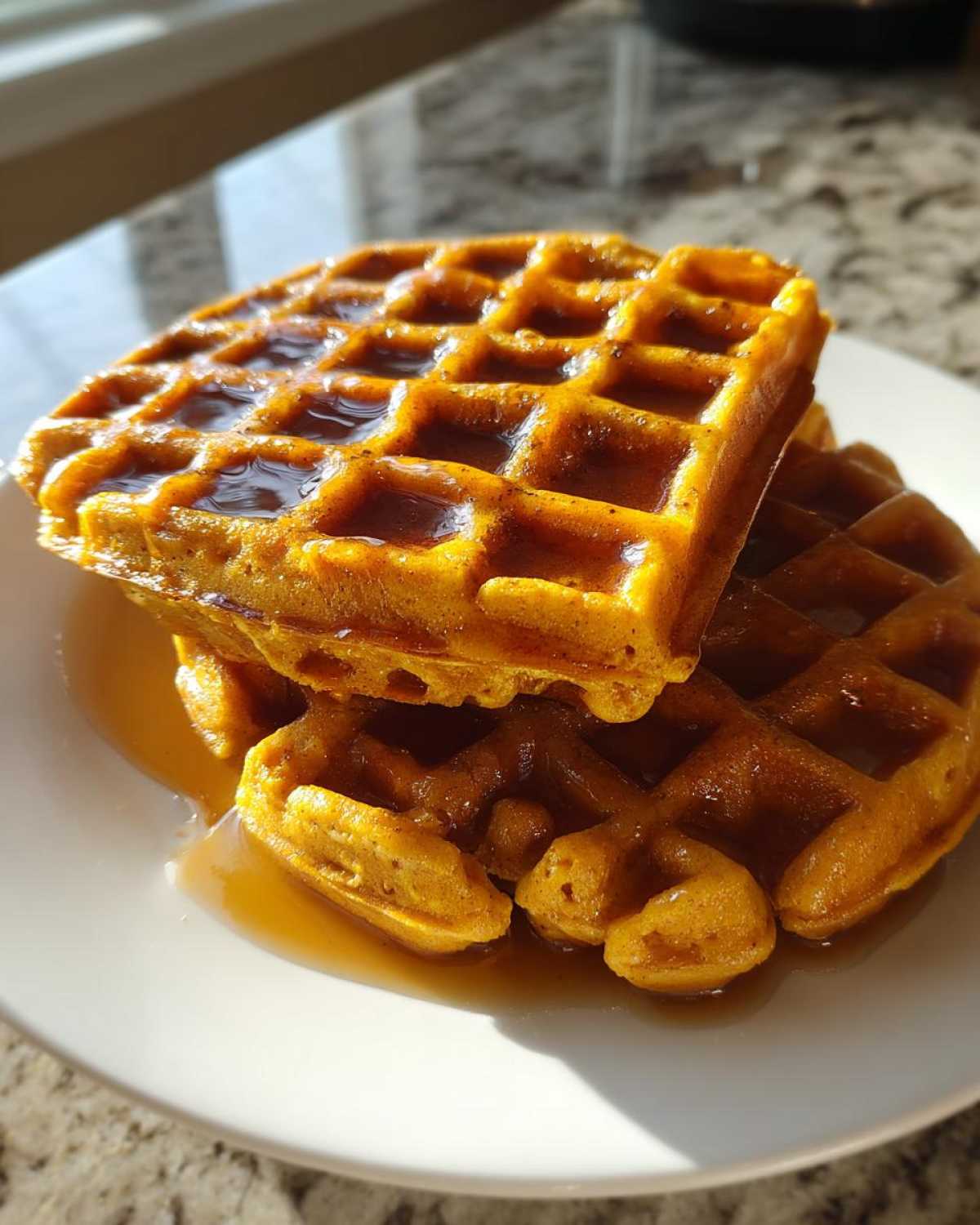 A close-up of two stacked, fluffy pumpkin waffles drizzled generously with syrup.