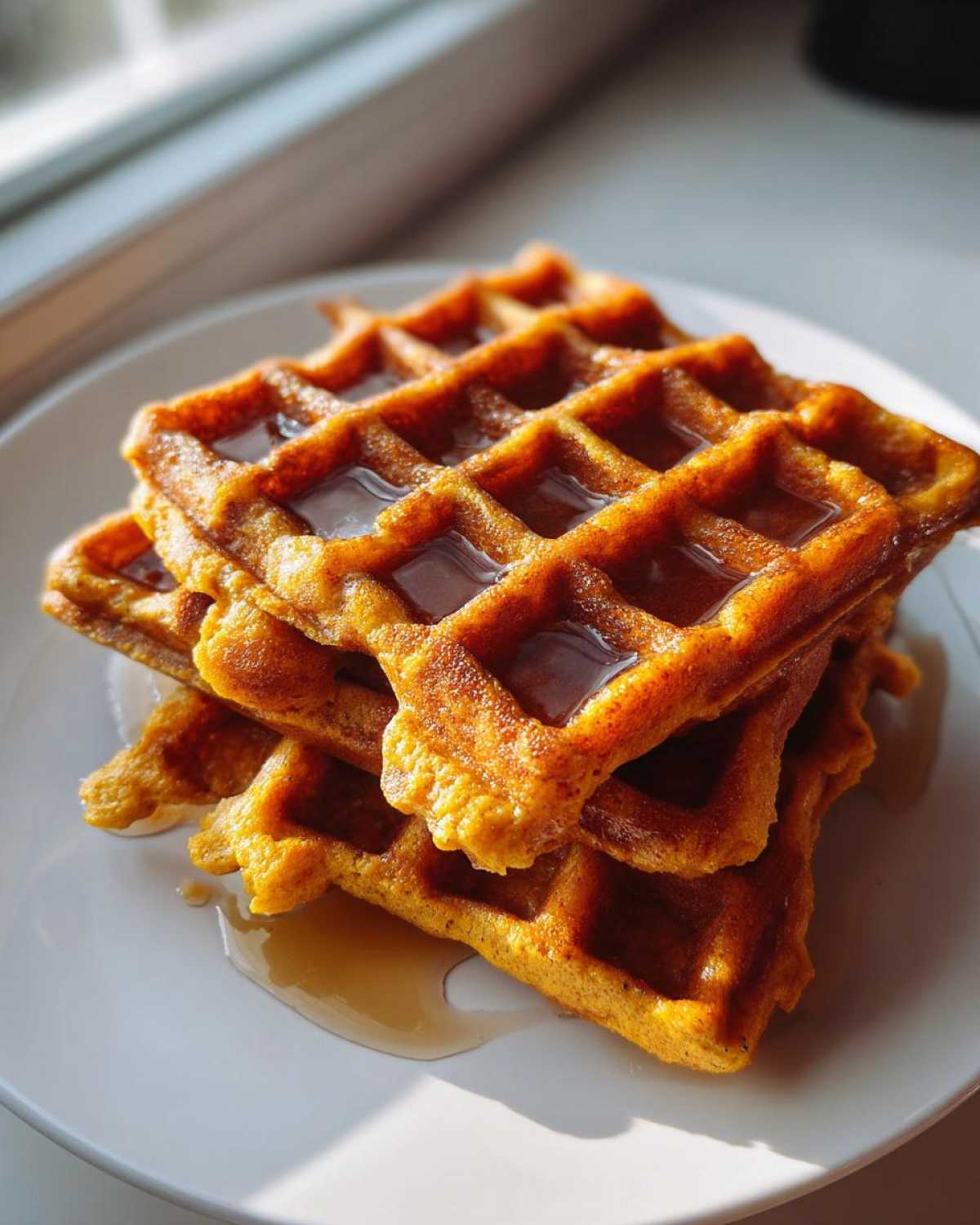 A stack of three fluffy pumpkin waffles drizzled generously with maple syrup on a white plate.