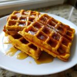 Close-up of three fluffy pumpkin waffles stacked on a white plate, generously drizzled with maple syrup.