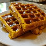 Close-up of a stack of fluffy, orange-colored pumpkin waffles generously drizzled with maple syrup on a white plate.