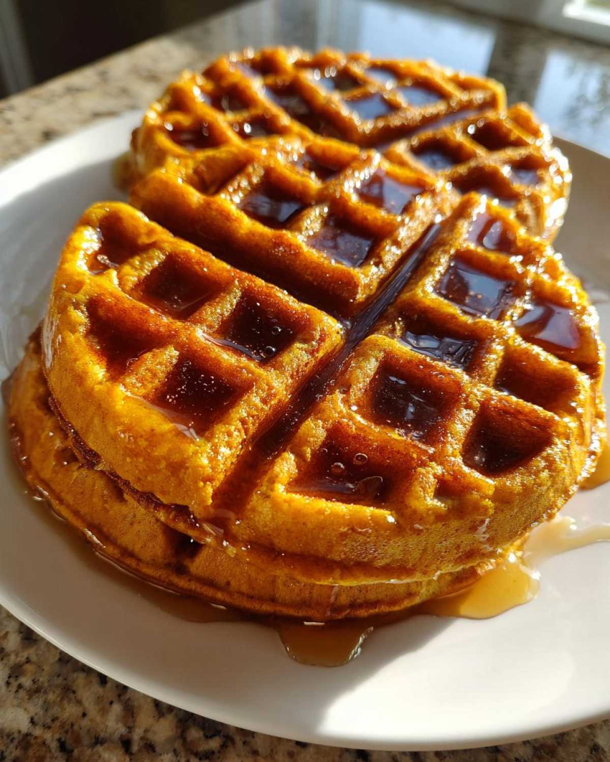 Close-up of two fluffy pumpkin waffles stacked and drizzled generously with maple syrup.