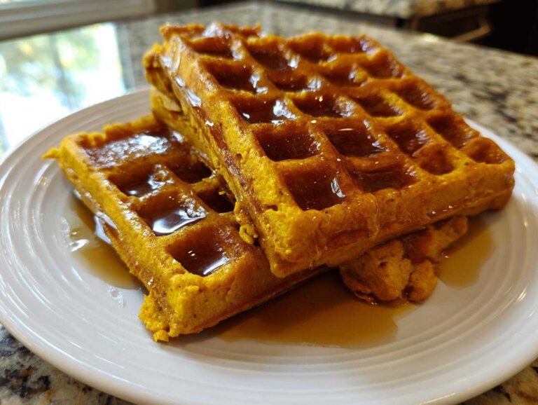 Amazing 3-Step Fluffy pumpkin waffles Close-up of a stack of fluffy, orange-colored pumpkin waffles generously drizzled with maple syrup on a white plate.