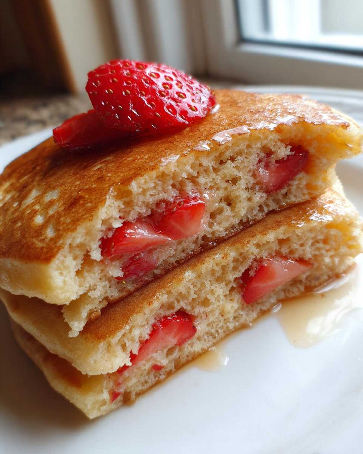 Close-up of fluffy strawberry pancakes cut in half showing strawberries inside, topped with fresh strawberry slices and syrup.