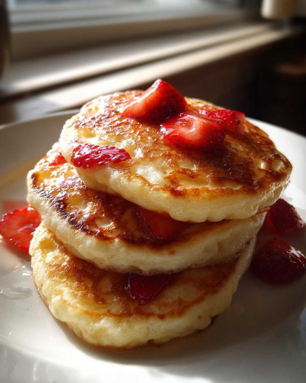 A close-up of a stack of three fluffy strawberry pancakes topped with sliced strawberries and syrup.