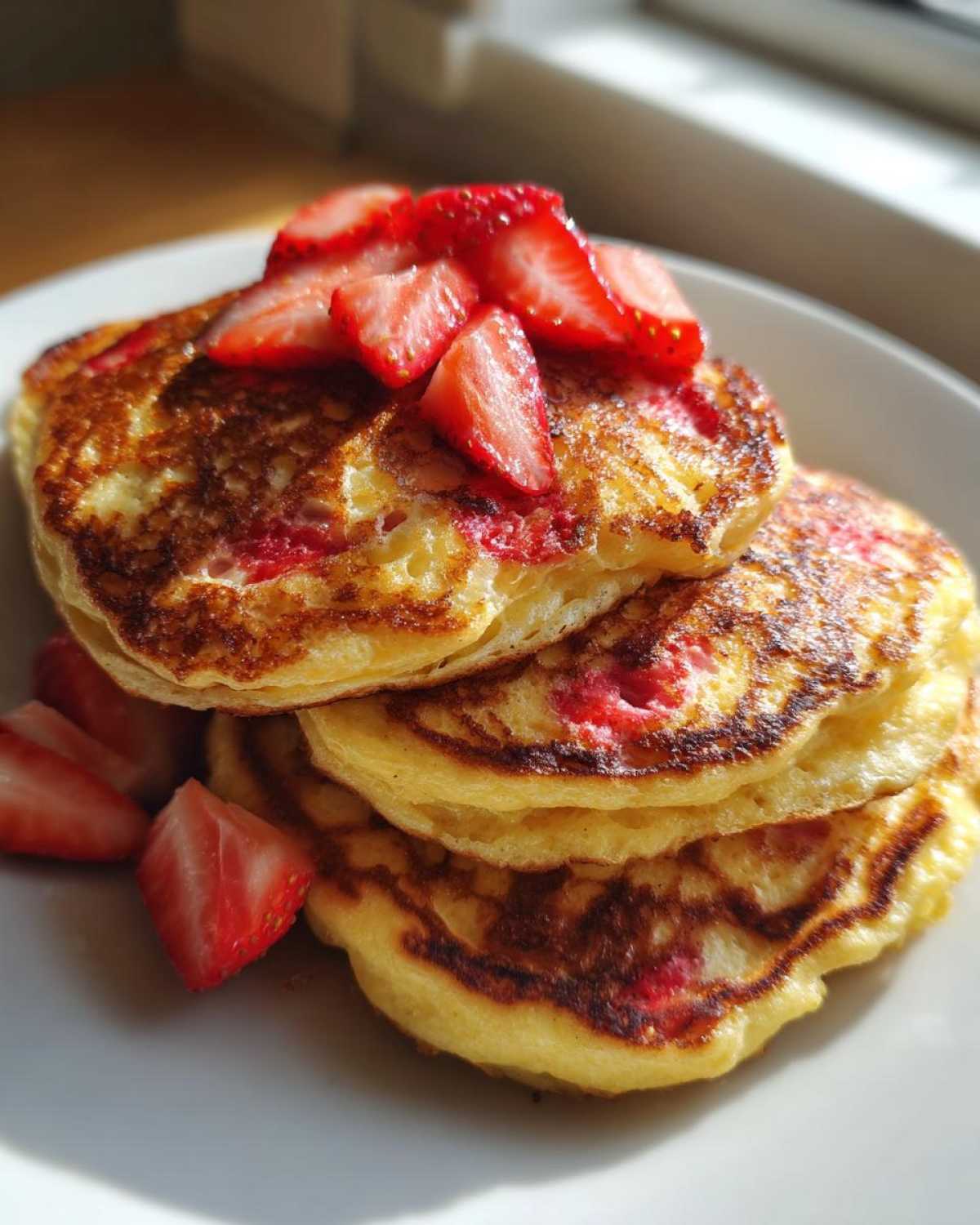A stack of three fluffy strawberry pancakes topped with sliced fresh strawberries, bathed in sunlight.