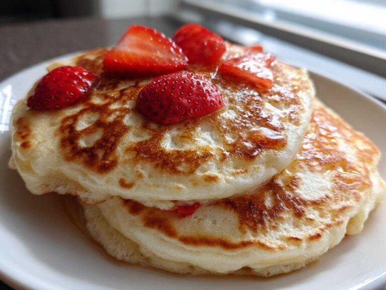 Close-up of two fluffy strawberry pancakes stacked, topped with fresh strawberries and drizzled with syrup.