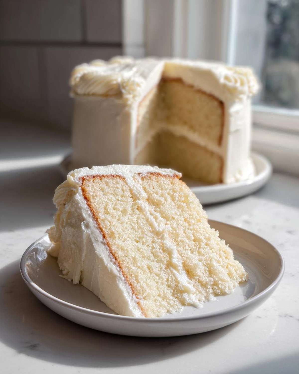 A close-up slice of fluffy vanilla cake recipe layered with white buttercream frosting on a small plate.