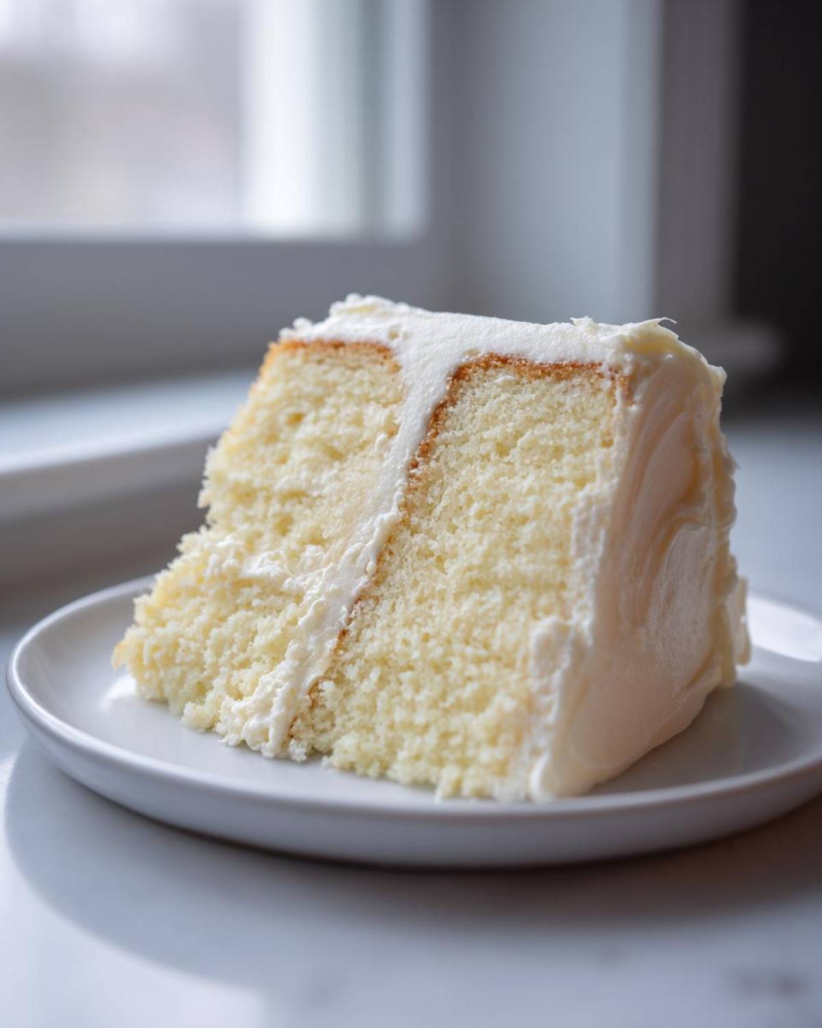 A close-up of a fluffy slice of vanilla cake recipe with thick white buttercream frosting, served on a white plate.