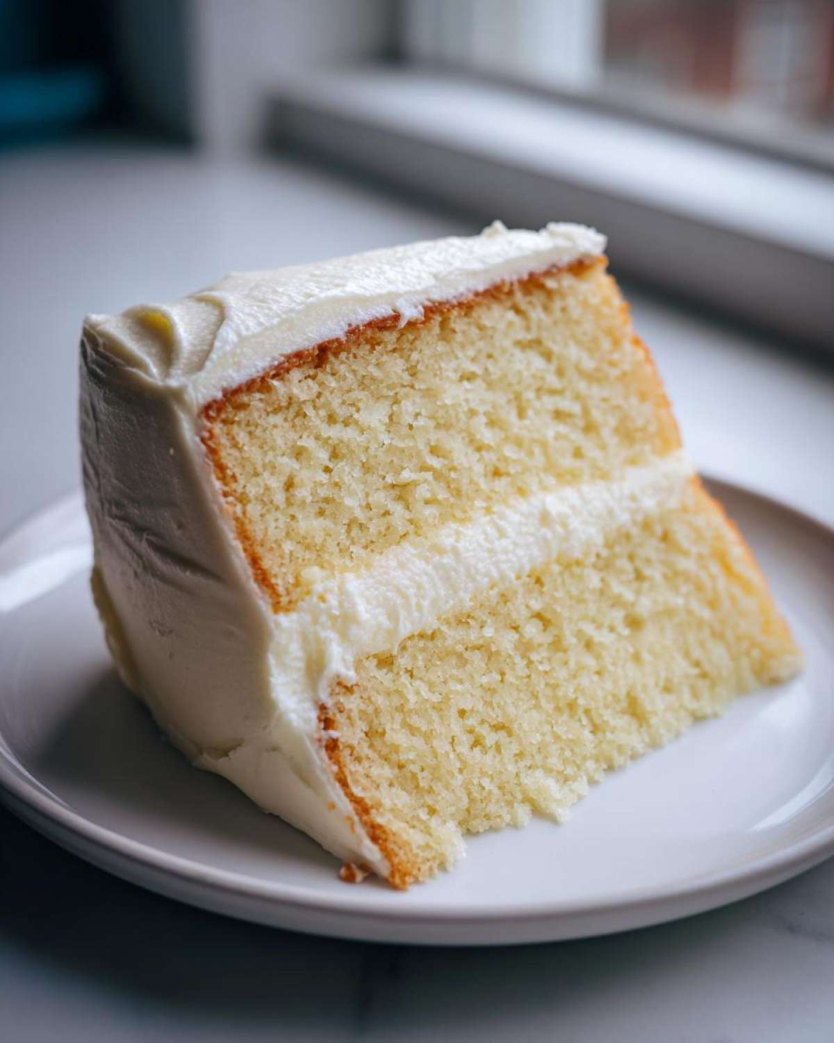Close-up of a moist, fluffy slice of vanilla cake recipe layered with white buttercream frosting on a white plate.