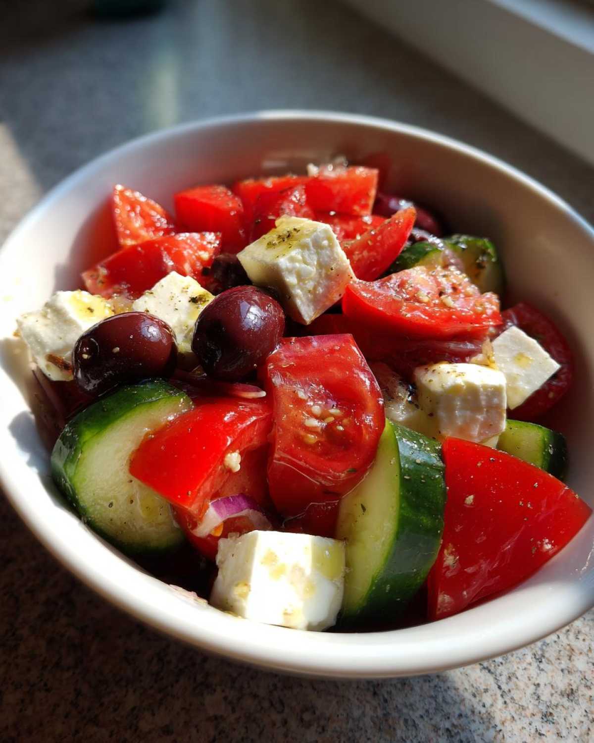 Close-up of a vibrant greek salad featuring chunks of tomato, cucumber, feta cheese, and Kalamata olives.