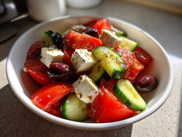 A close-up view of a vibrant greek salad featuring chunks of tomato, cucumber, feta cheese, and Kalamata olives.