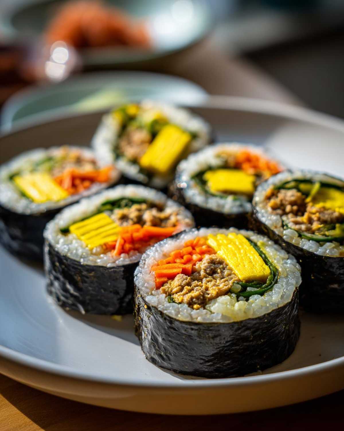 Several slices of homemade tuna kimbap arranged on a white plate, showing fillings like tuna, yellow egg, and carrots.