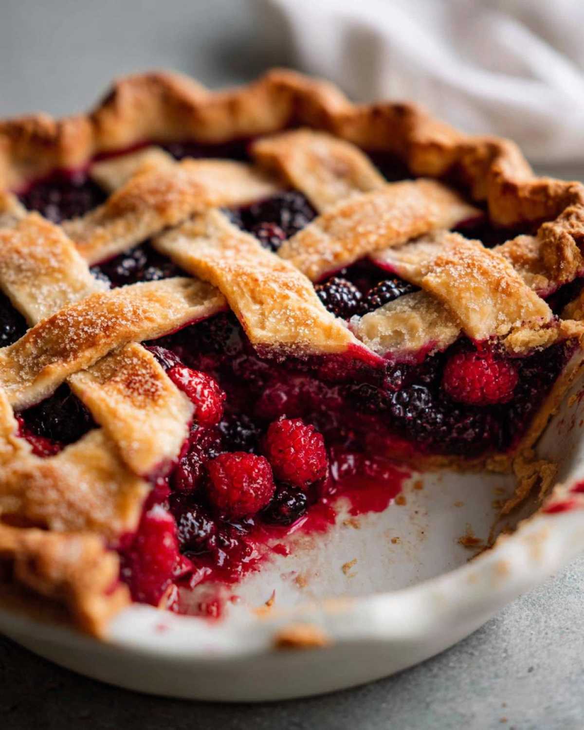 A close-up view of a freshly baked berry pie with a golden lattice crust, showing juicy raspberries and blackberries inside.