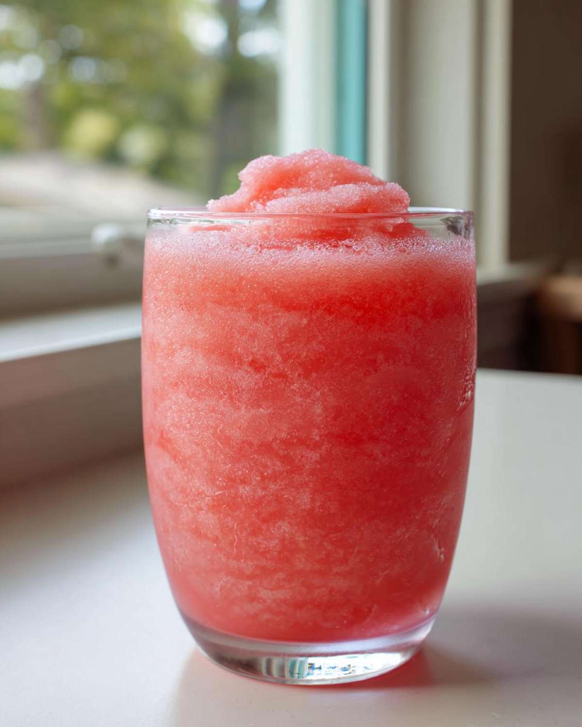 Close-up of a vibrant, icy strawberry daiquiri served in a clear glass near a bright window.