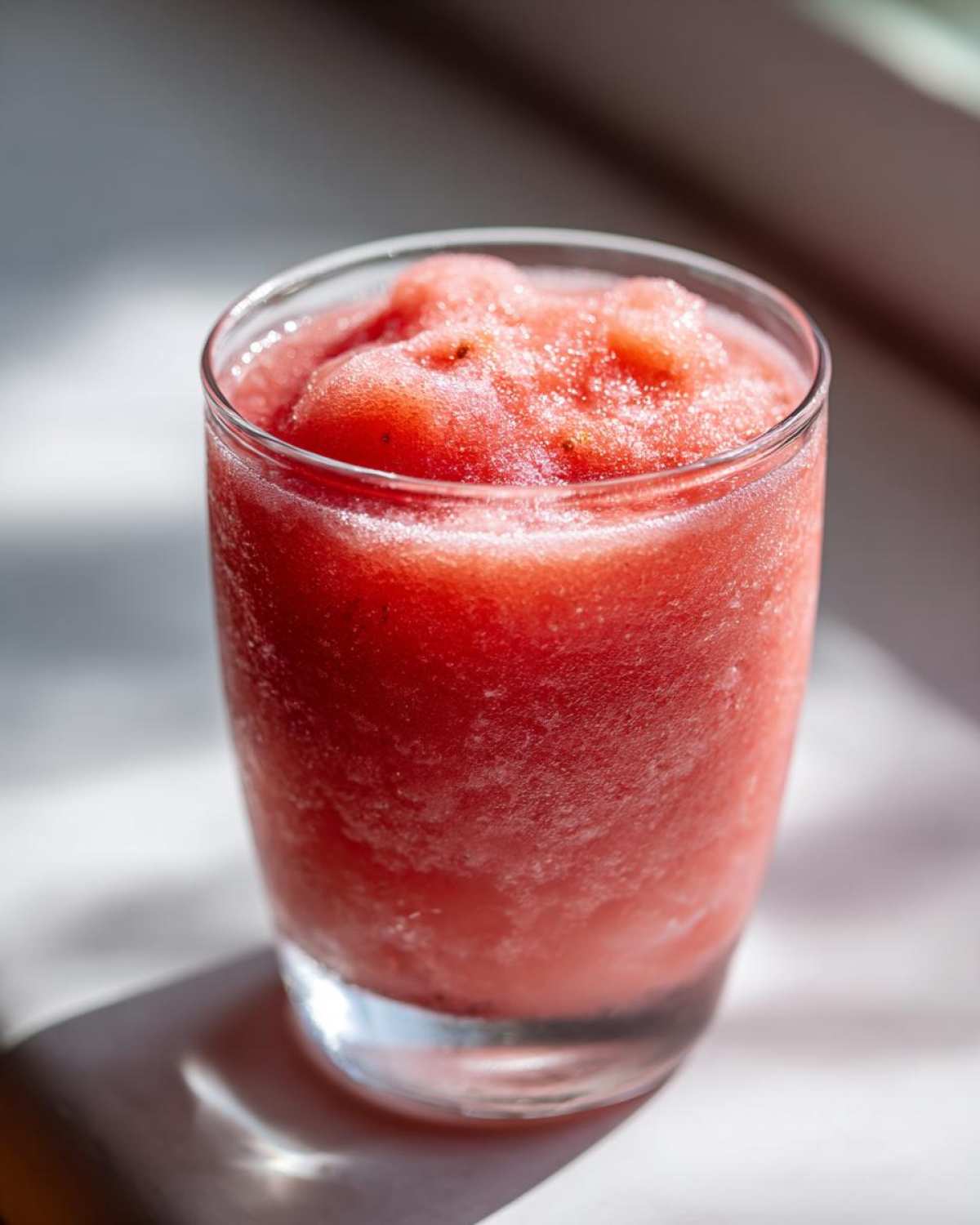 Close-up of a vibrant, icy strawberry daiquiri served in a clear glass, glistening in the sunlight.