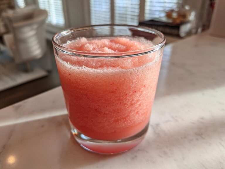 Close-up of a frosty, blended strawberry daiquiri served in a short glass on a white marble counter.