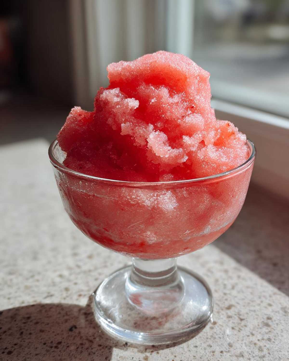 Close-up of a bright red, icy strawberry daiquiri slush served in a stemmed glass on a countertop.