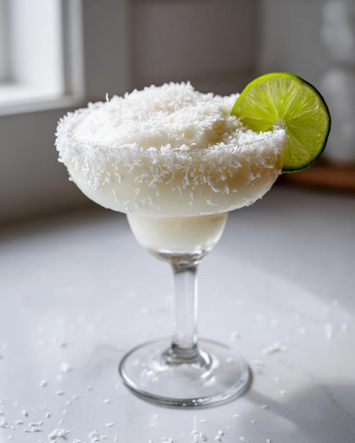 A frozen white Christmas margarita topped with shredded coconut and garnished with a lime wheel.