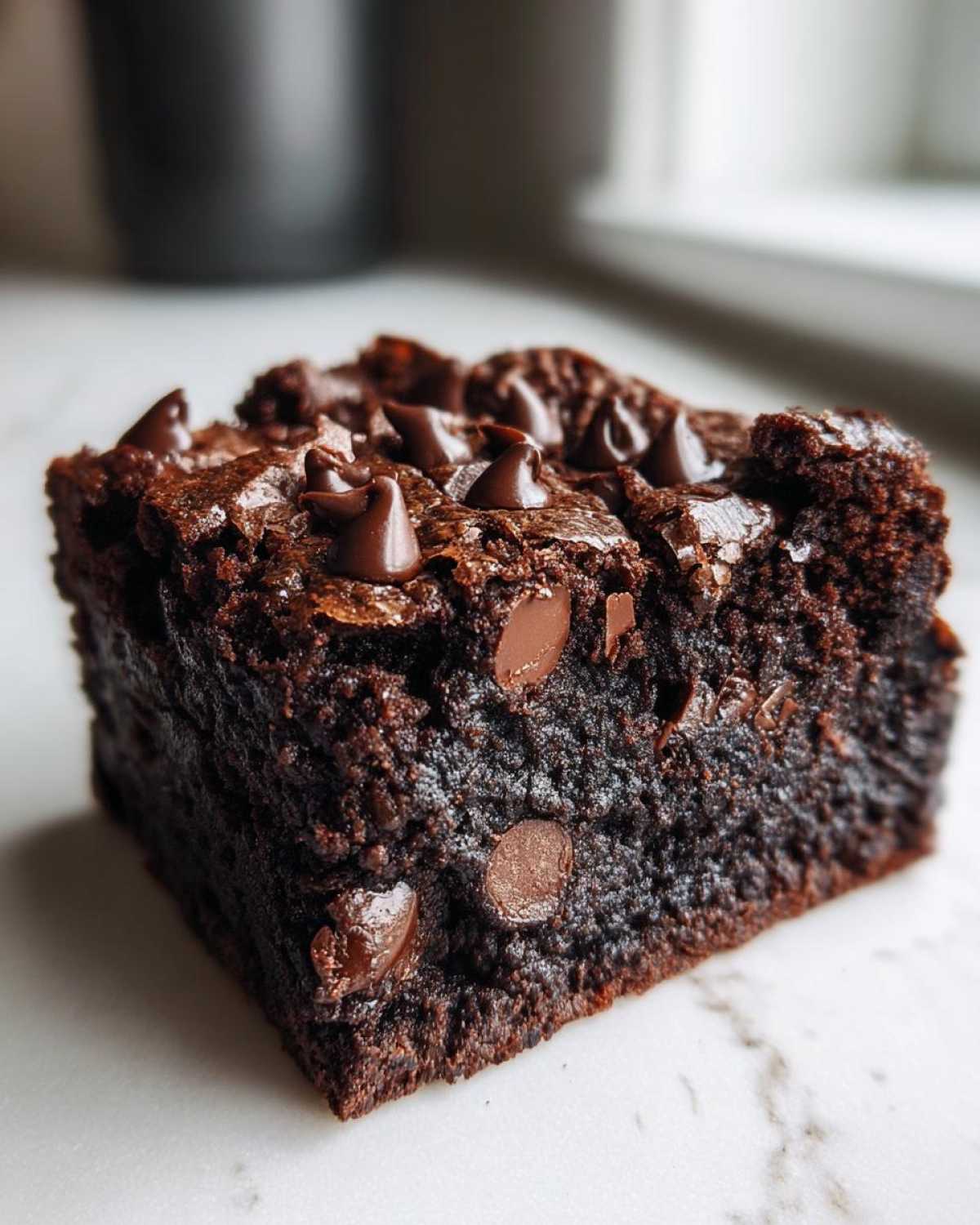 Close-up of a fudgy square of black bean brownies topped with melted chocolate chips.