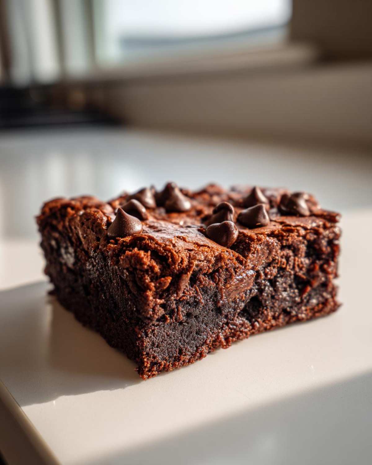 A close-up, fudgy square of black bean brownies topped with melted chocolate chips, sitting on a light surface.