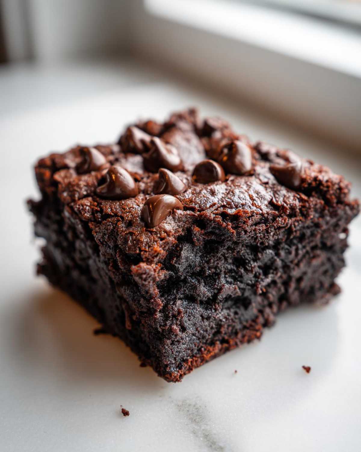 Close-up of a fudgy black bean brownies square topped with melted chocolate chips on a white surface.