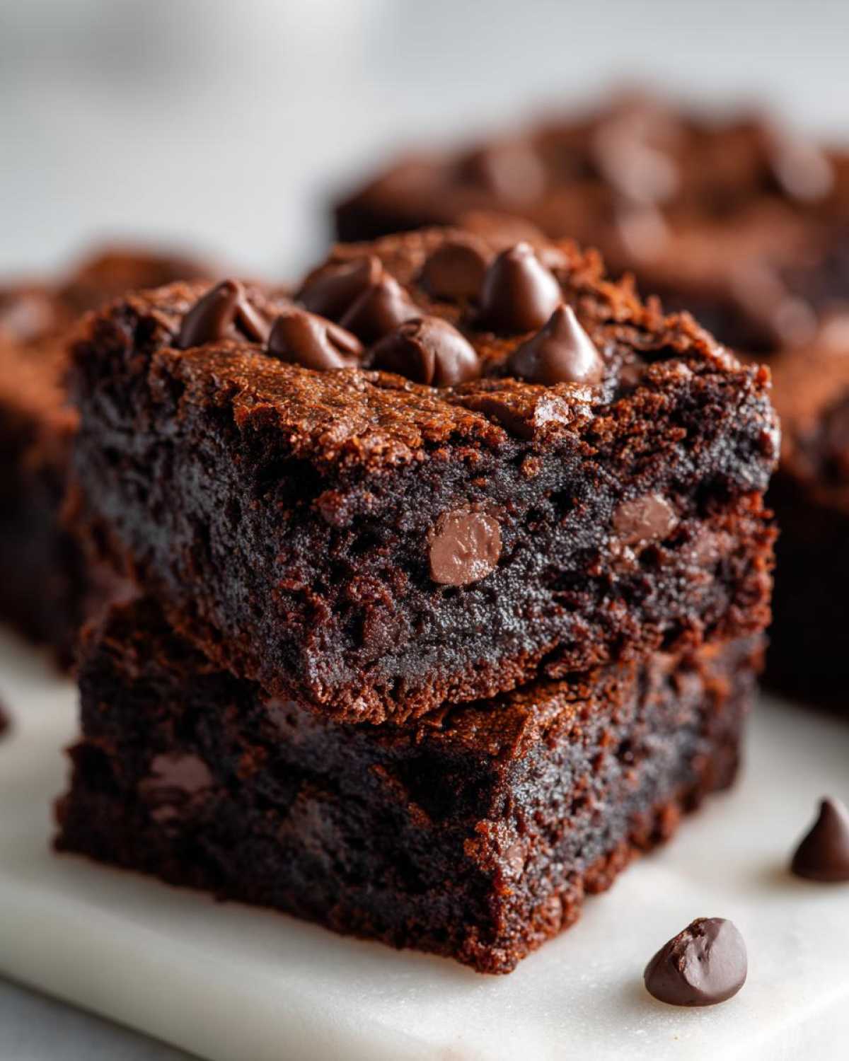 A close-up stack of two fudgy black bean brownies topped with melted chocolate chips.