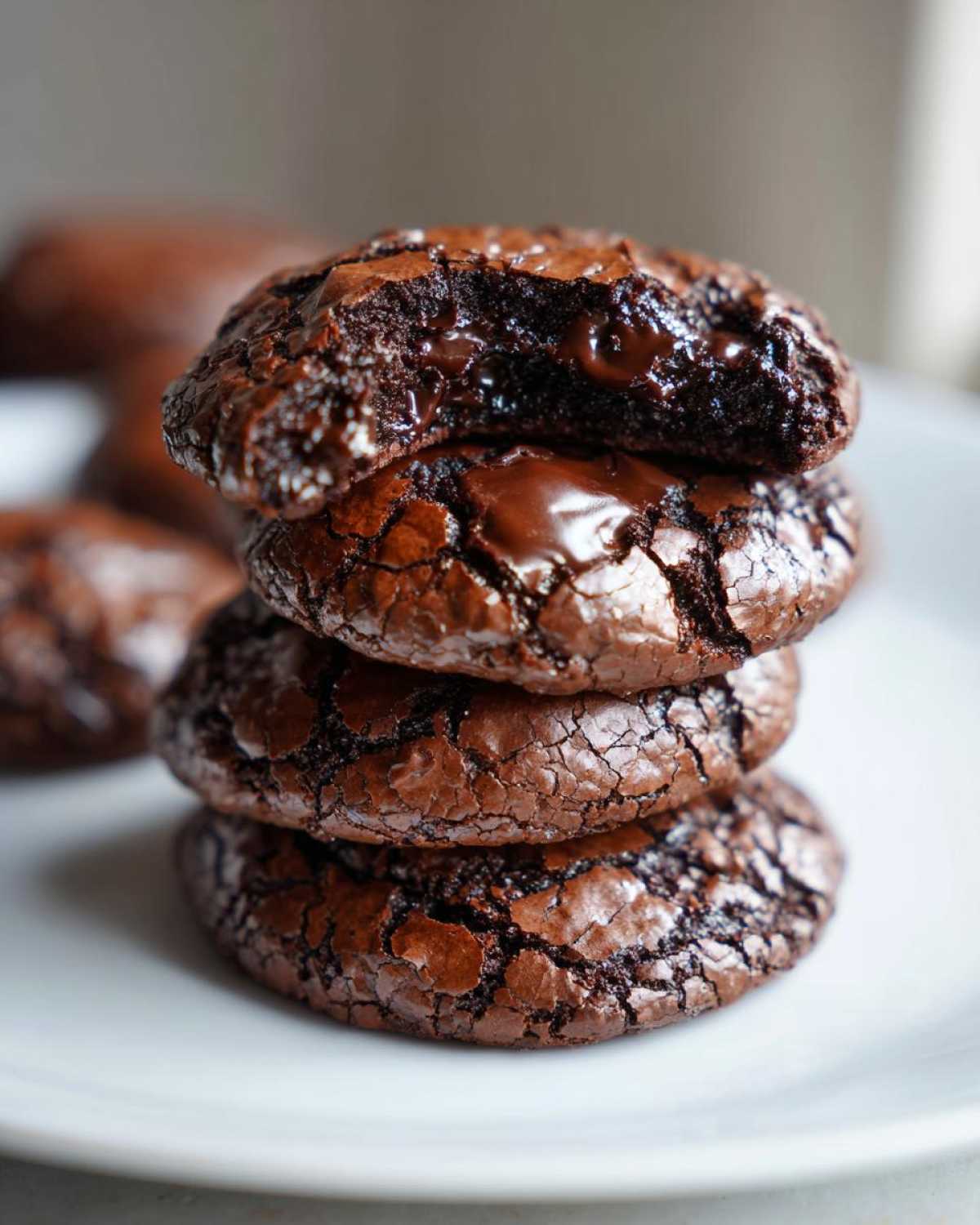 A stack of four fudgy brownie cookies with cracked tops, showing a melted chocolate center in the top cookie.
