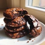 A stack of four fudgy brownie cookies with cracked, shiny tops, one broken open to show the soft interior.