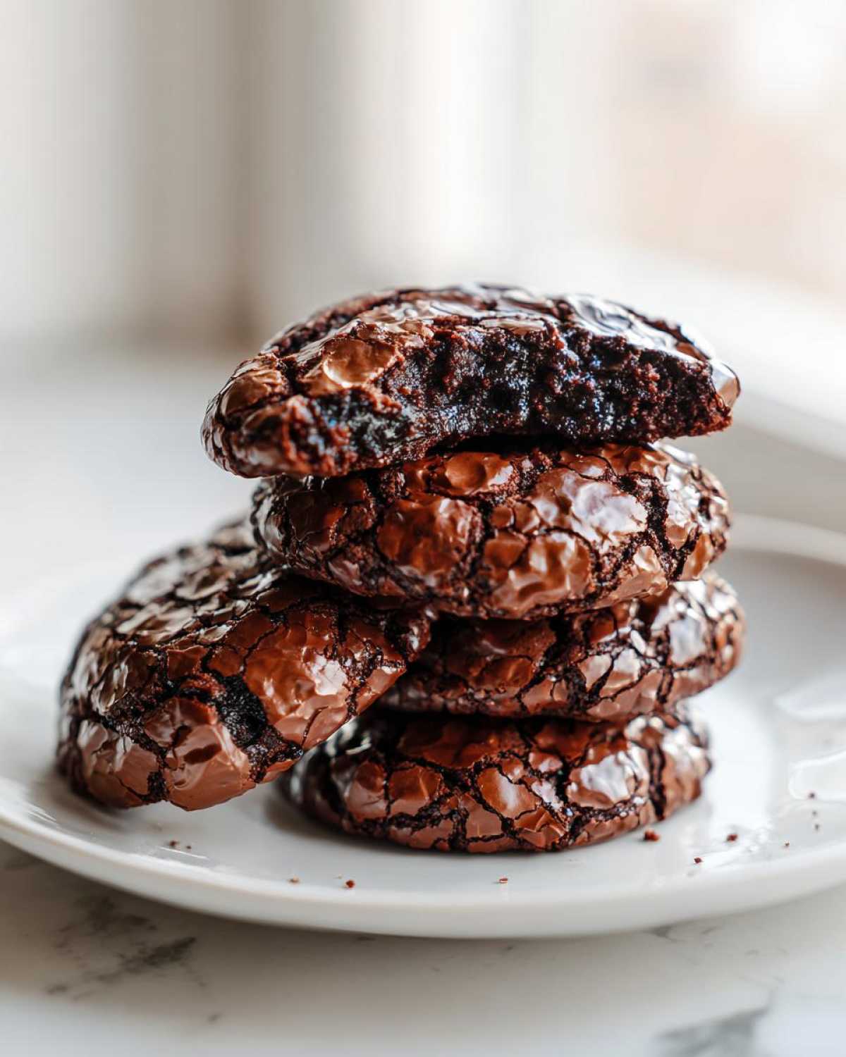 A stack of four rich, dark chocolate brownie cookies showing their fudgy interior and signature cracked surface.