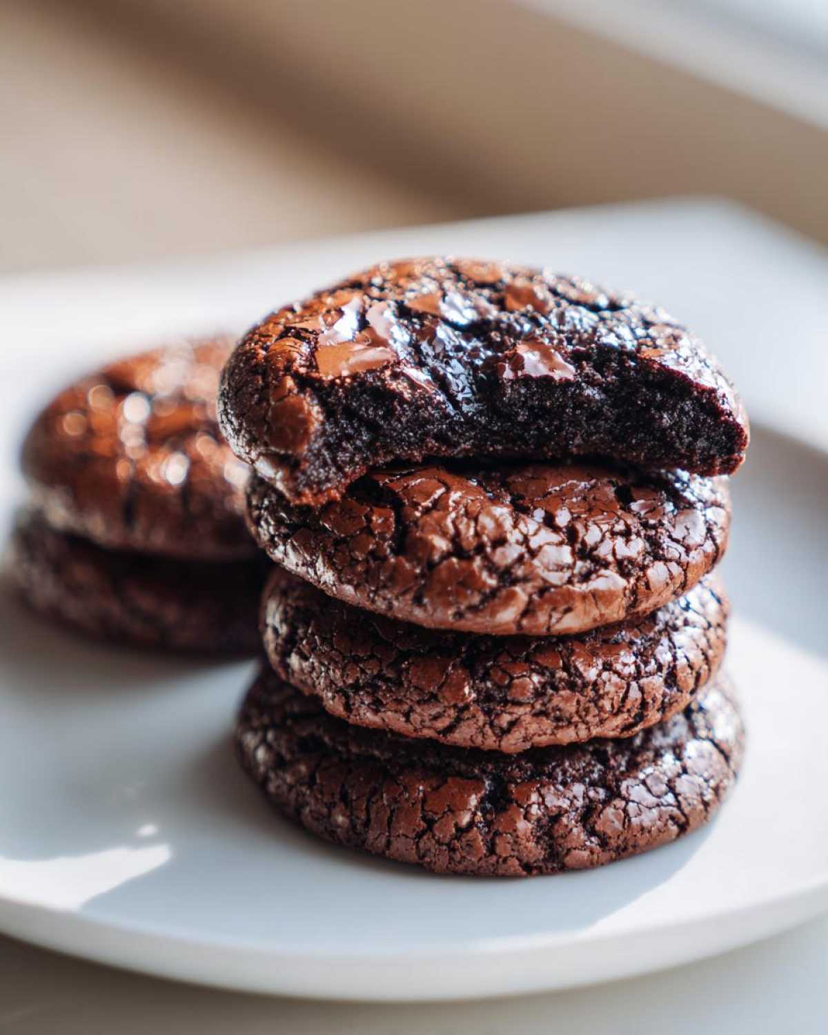 A stack of four rich, dark brownie cookies with shiny, cracked tops, one broken open to show the fudgy interior.