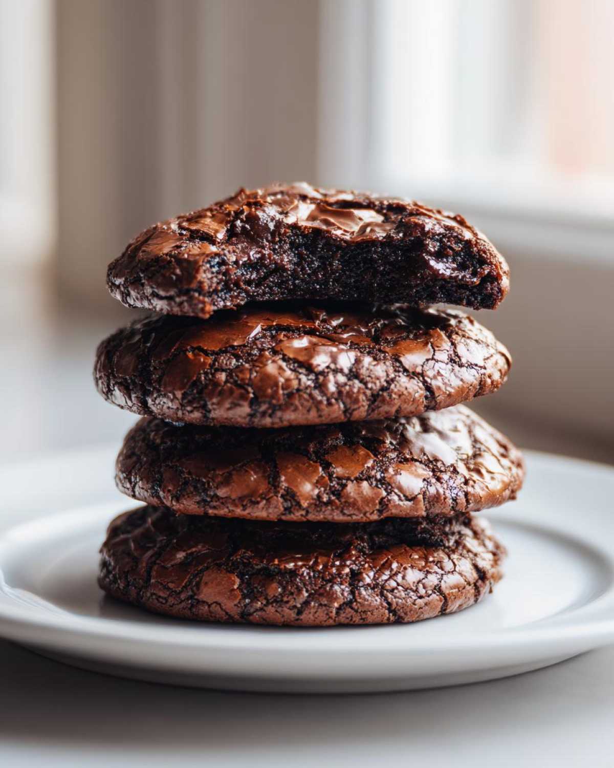 A stack of four rich, dark brownie cookies, with the top one having a bite taken out to show the fudgy interior.