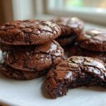A stack of fudgy brownie cookies with shiny, cracked tops, one bitten to show the gooey center.