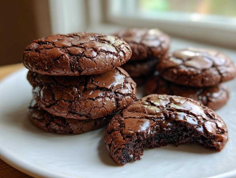 A stack of fudgy brownie cookies with shiny, cracked tops, one bitten to show the gooey center.