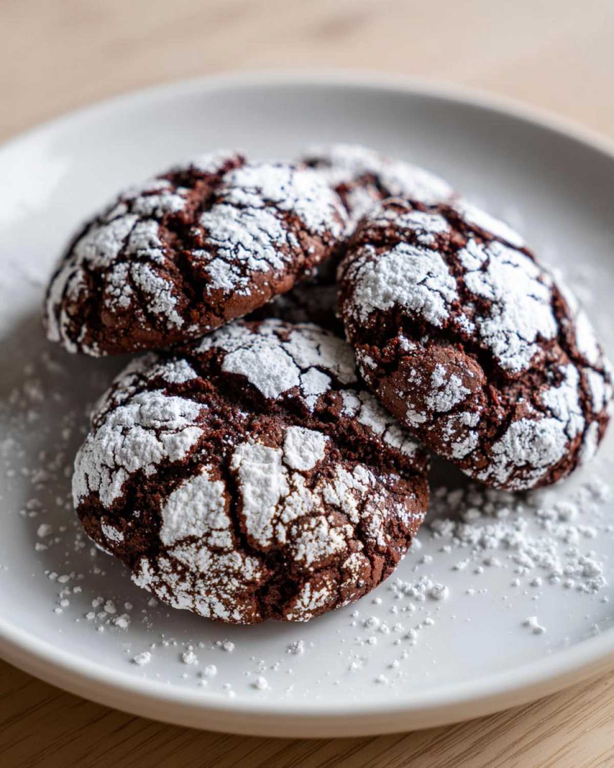 A close-up of three fudgy chocolate crinkle cookies heavily dusted with powdered sugar on a white plate.
