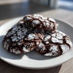 Three fudgy chocolate crinkle cookies dusted heavily with white powdered sugar on a white plate.