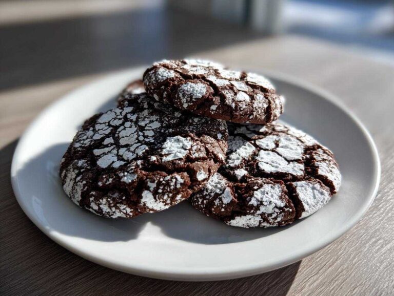 Three fudgy chocolate crinkle cookies dusted heavily with white powdered sugar on a white plate.