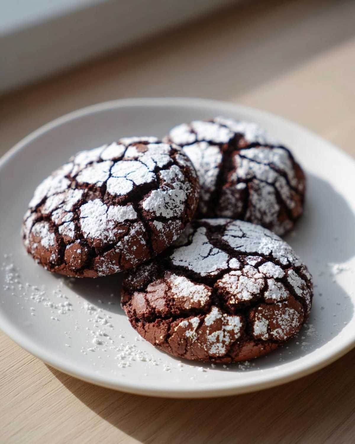 Three fudgy chocolate crinkle cookies heavily dusted with powdered sugar, resting on a white plate.