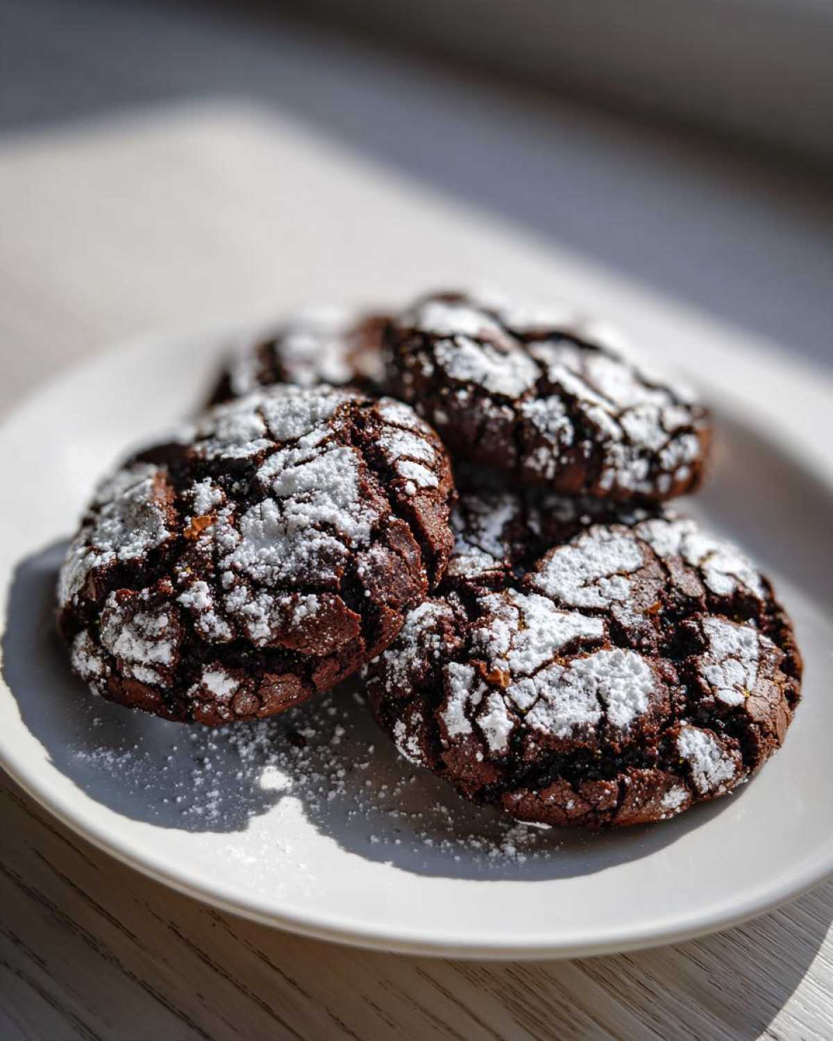 Close-up of four fudgy chocolate crinkle cookies dusted heavily with powdered sugar on a white plate.