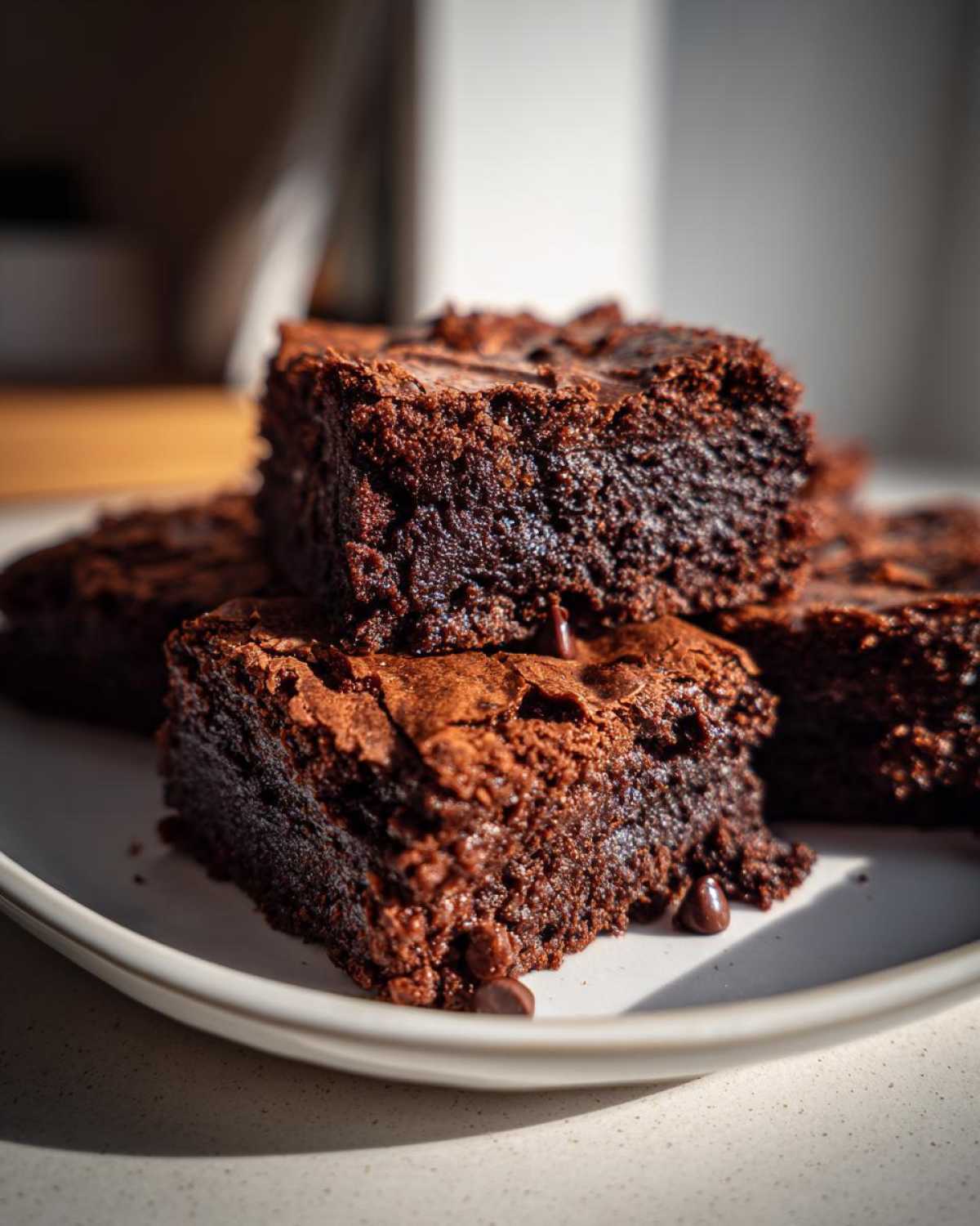 Close-up of stacked, fudgy sweet potato brownies with visible chocolate chips on a white plate.